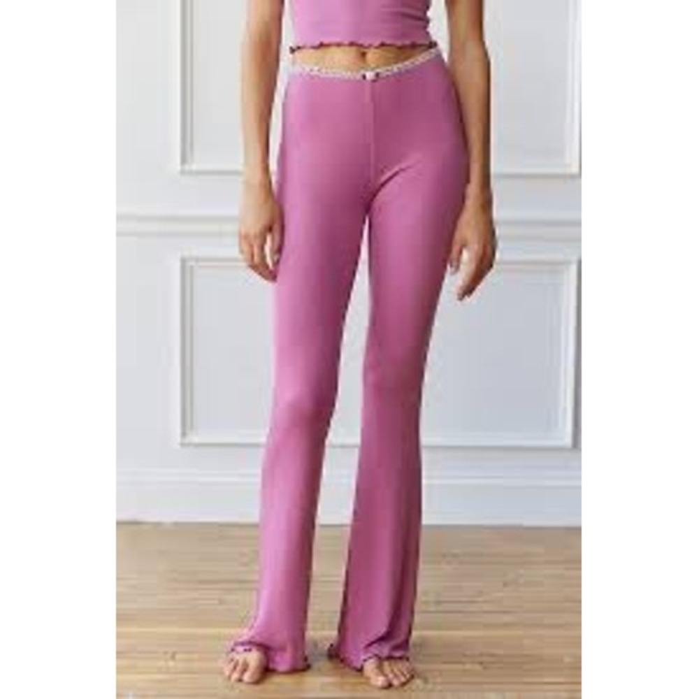 Out From Under Sweet Dreams Pants S Pink Ribbed Flare Rosette Lace Trim Coquette